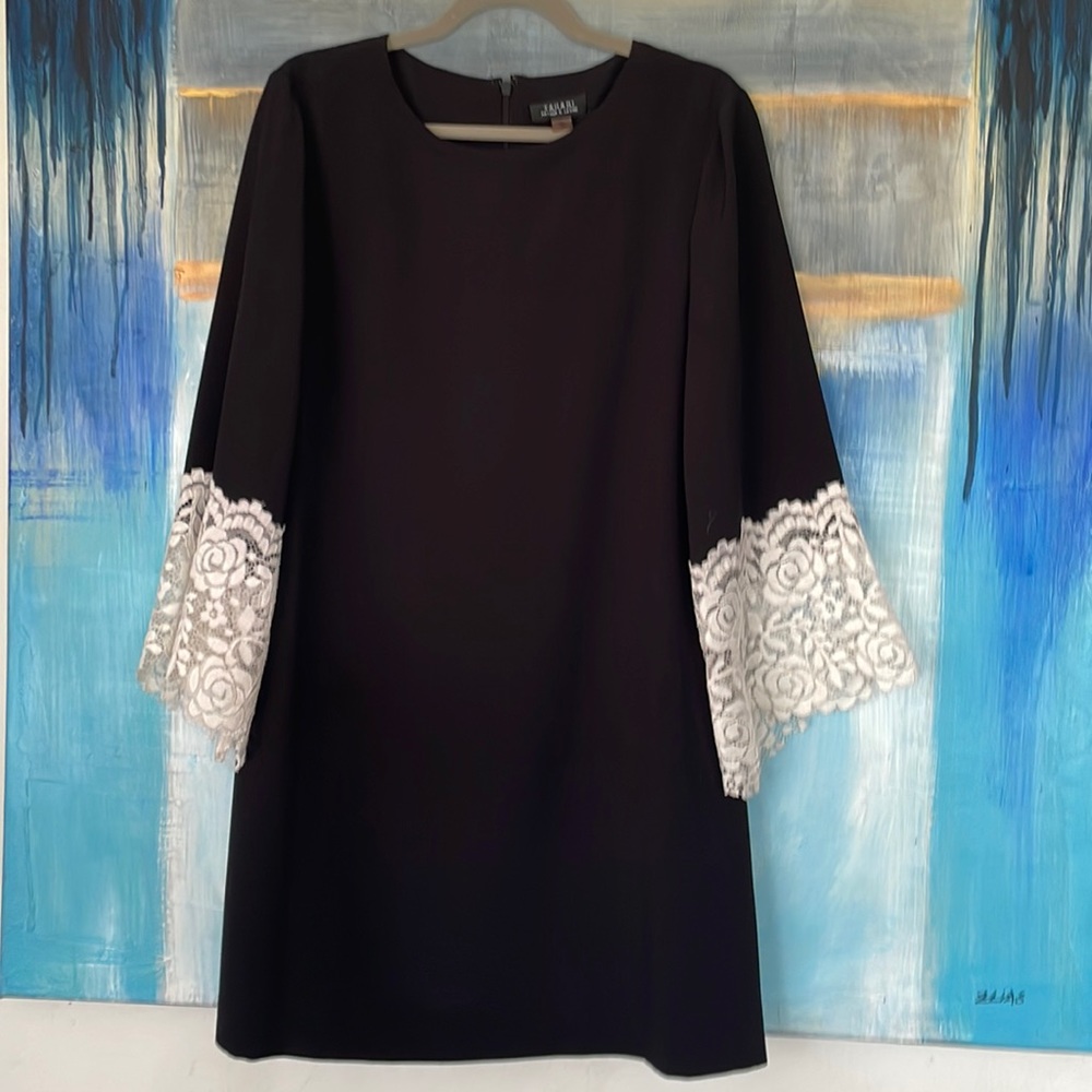 Tahari a line black shift dress with bell lace sleeves